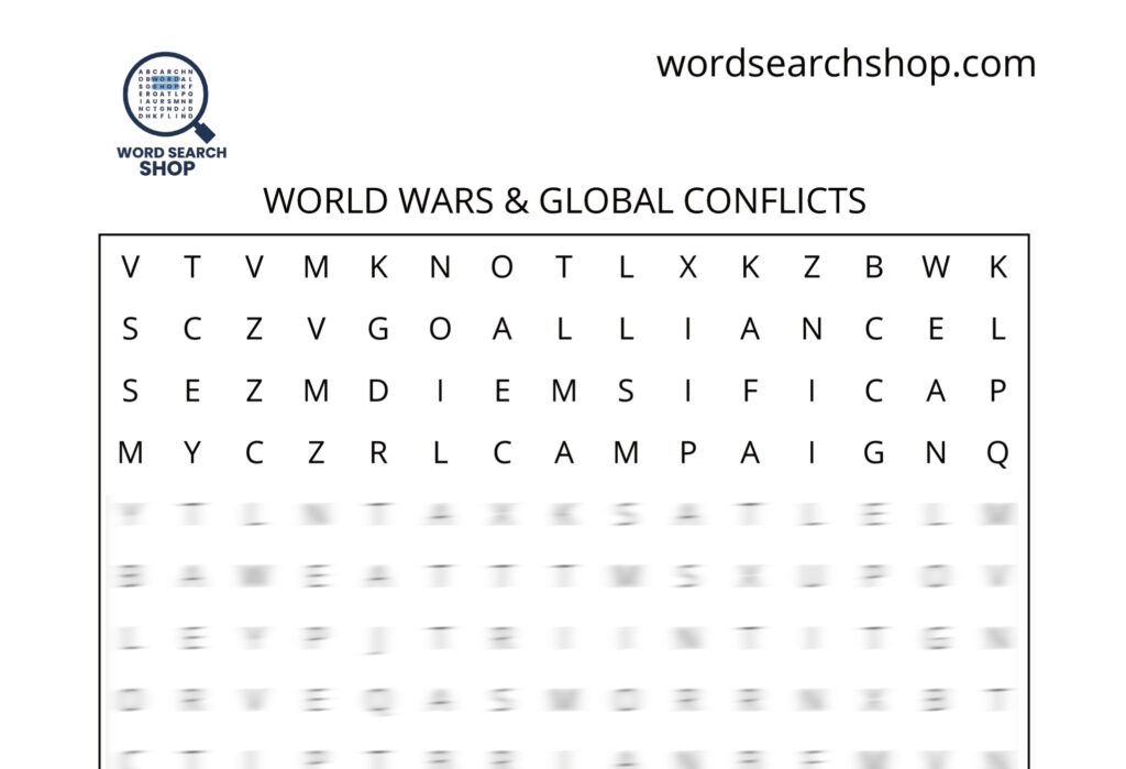 A history word search puzzle that is titled World Wars & Global Conflicts.