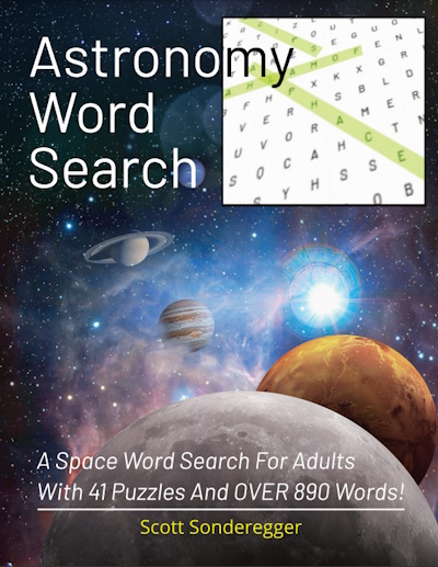 The cover of Astronomy Word Search, a space and science word search for adults.