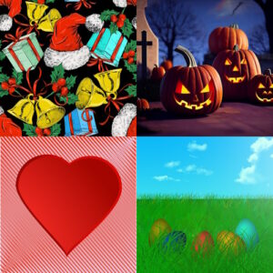 A collage of 4 holiday images including Christmas, Halloween, Easter, and Valentine's day.