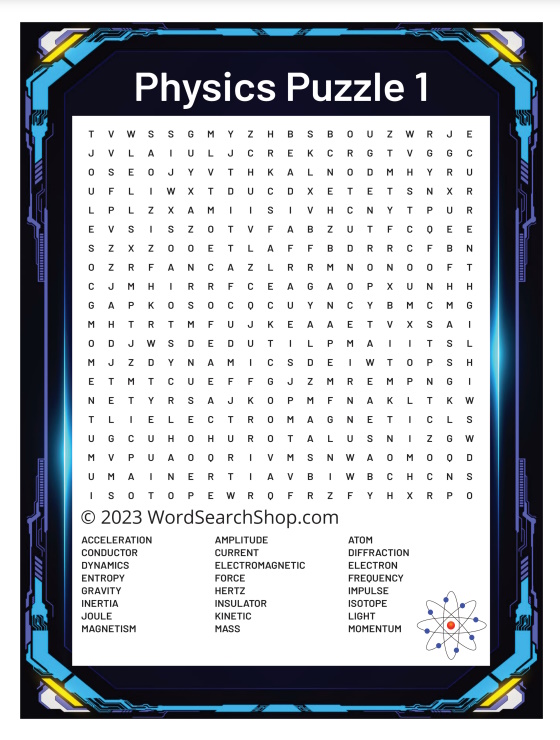 A physics word search puzzle 1.