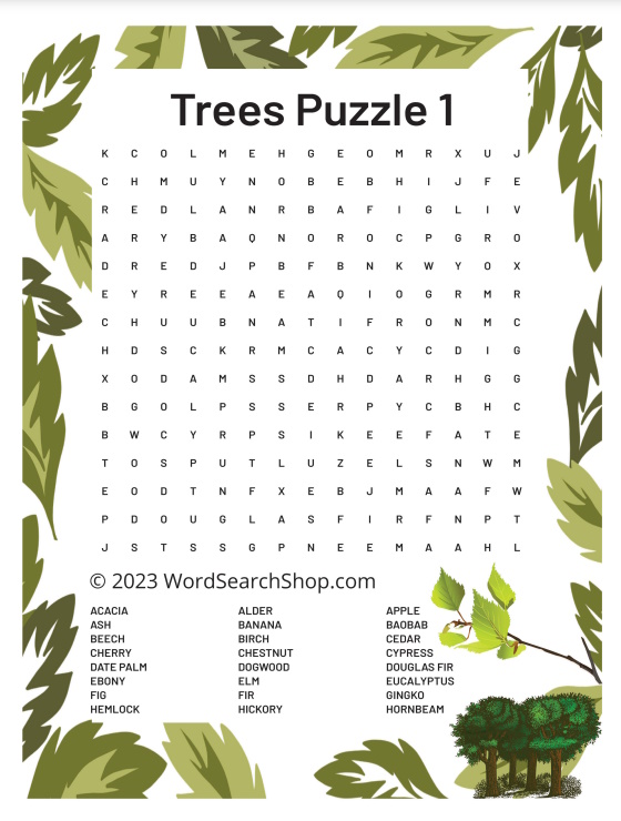 Free Printable Trees Word Search Puzzles - Word Search Shop