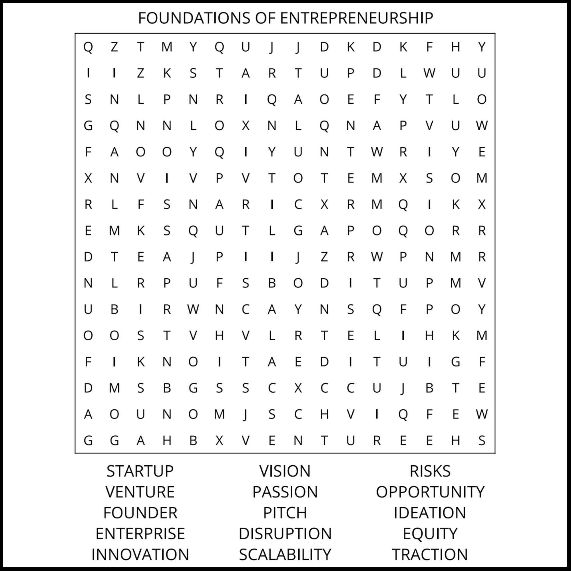 A business word search puzzle with related words and a title that say Foundations of Entrepreneurship.