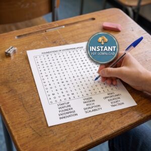 A sheet from a business word search book on the desk of a student getting ready to circle one of the words on the puzzle.