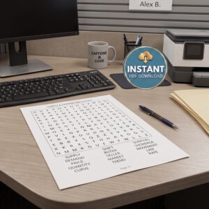 A sheet from an economics word search book titled Supply & Demand Mechanics on the desk in an office cubicle.