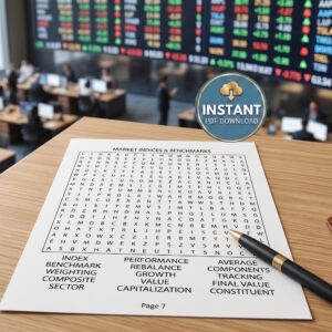 A sheet from an investing word search book on the desk at the stock market exchange with the title Market Indices & Benchmarks.