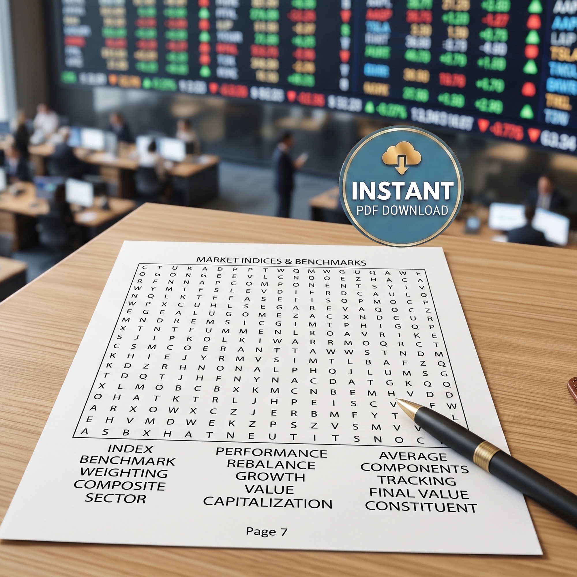 A sheet from an investing word search book on the desk at the stock market exchange with the title Market Indices & Benchmarks.