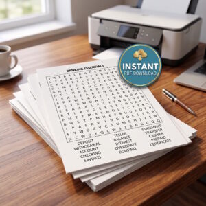 Personal finance word search book puzzle sheets on a table next to a printer.