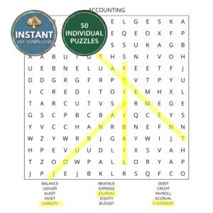 An accounting word search book puzzle with the title Accounting.