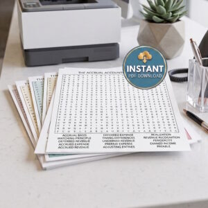 A pile of accounting word search book puzzles titled The Accrual Accounting Principle on the desk of a receptionist.