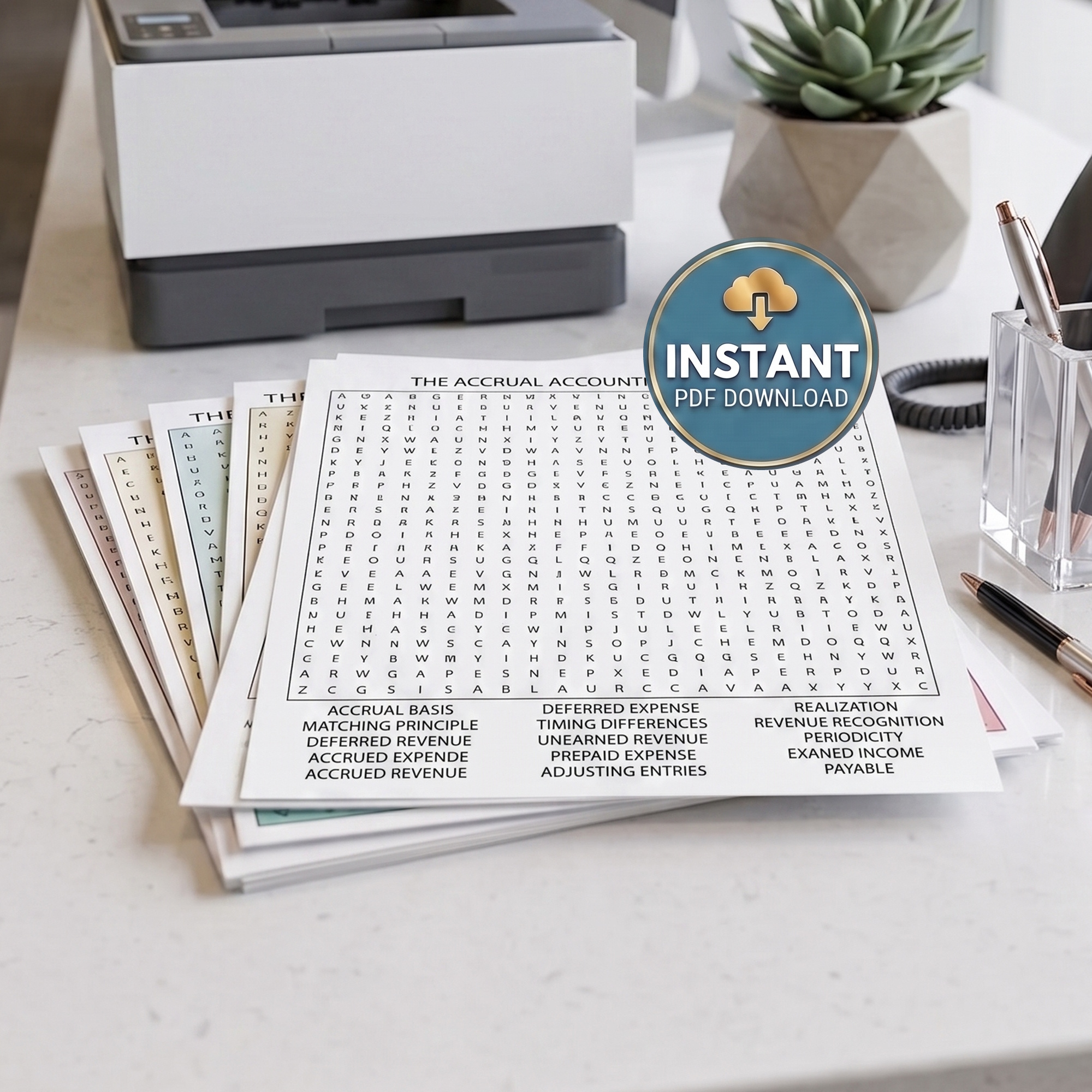 A pile of accounting word search book puzzles titled The Accrual Accounting Principle on the desk of a receptionist.