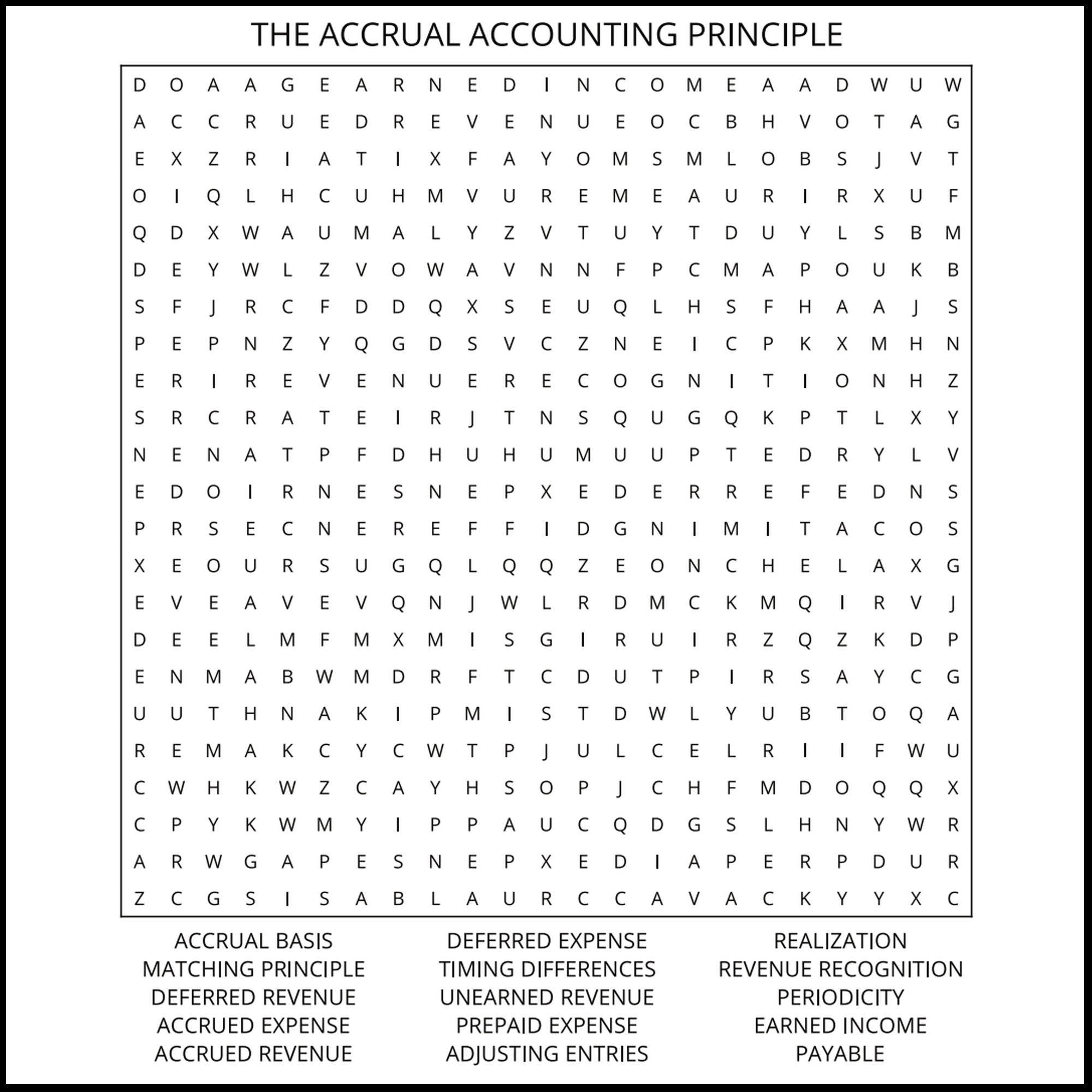 An accounting word search titled The Accrual Accounting Principle.