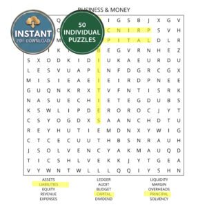 A business and money word search book puzzle titled Business & Money.