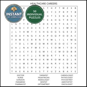 A puzzle from a careers word search book titled Healthcare Careers.