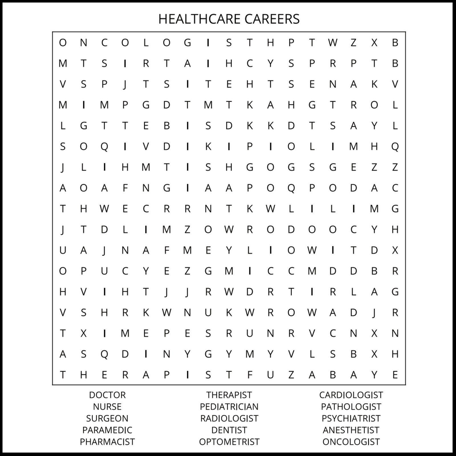 A careers word search puzzle titled Healthcare Careers.