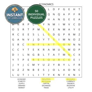 An economics word search book puzzle titled Economics.