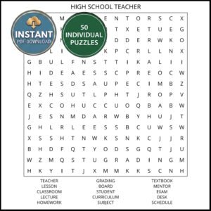 A puzzle from an education careers word search book titled High School Teacher.
