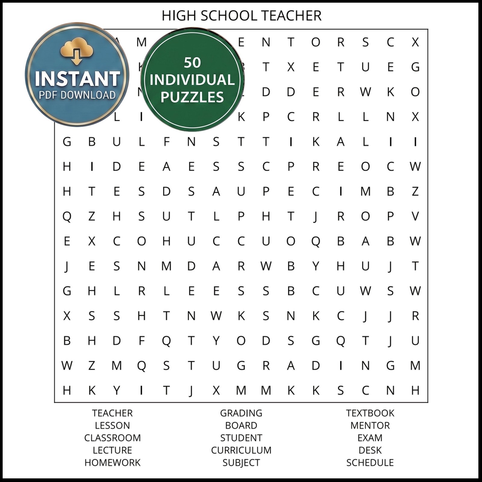 A puzzle from an education careers word search book titled High School Teacher.