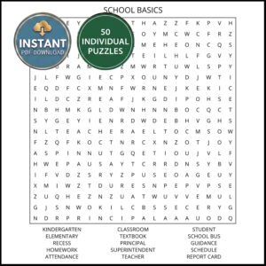 A puzzle from an education word search book titled School Basics.