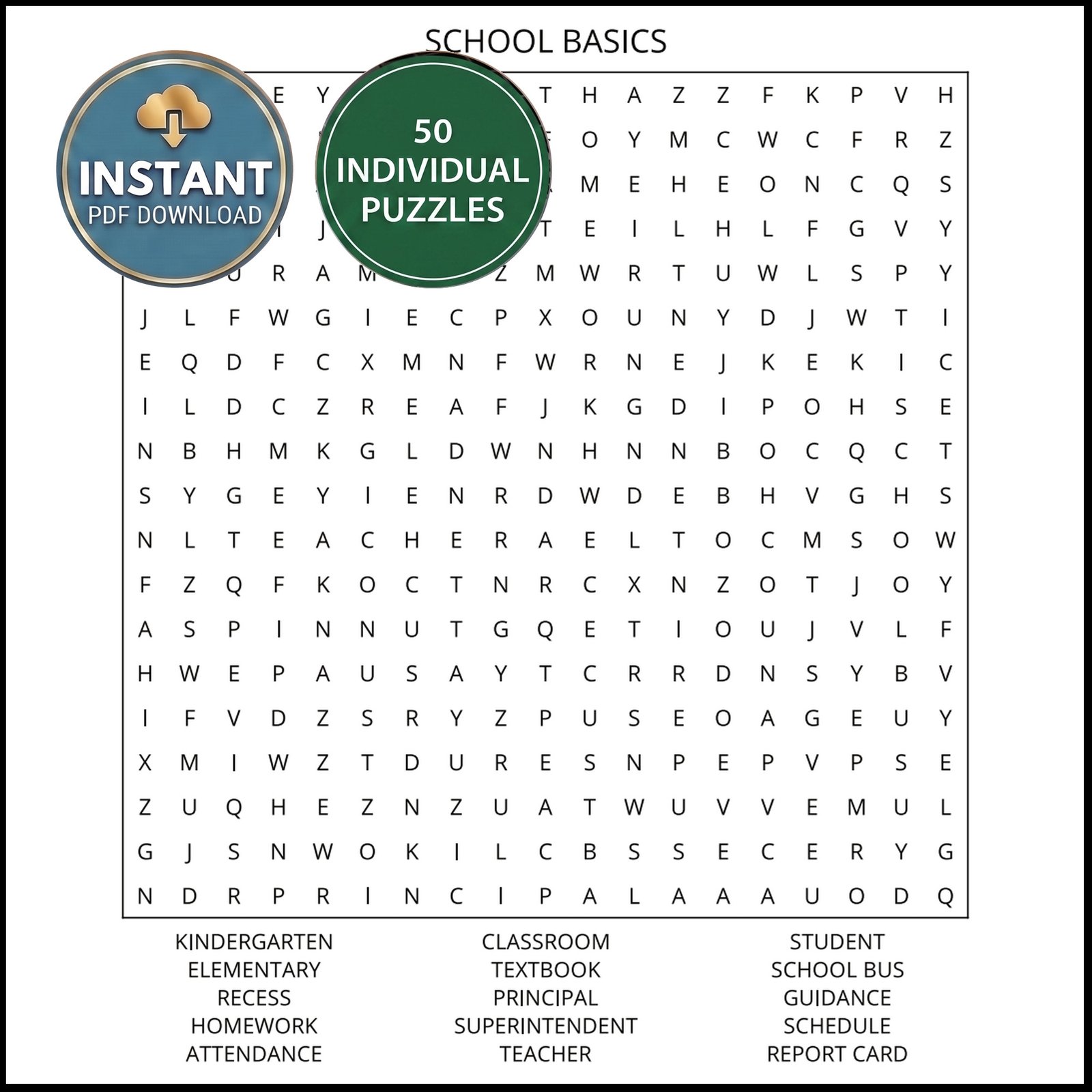 A puzzle from an education word search book titled School Basics.