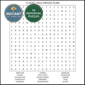 A puzzle from an entertainment word search book titled Classic Hollywood Films.