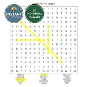An entrepreneurship word search book puzzle titled Entrepreneurship.