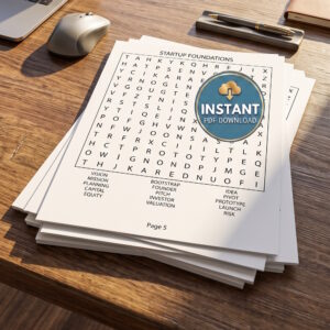 A pile of entrepreneurship word search book puzzles titled Startup Foundations on the desk of a receptionist.