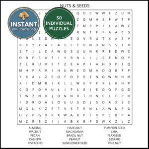 A puzzle from a food word search book titled Nuts & Seeds.
