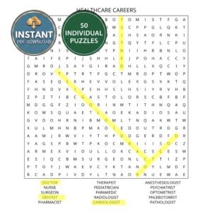 A healthcare careers word search book puzzle titled Healthcare Careers.