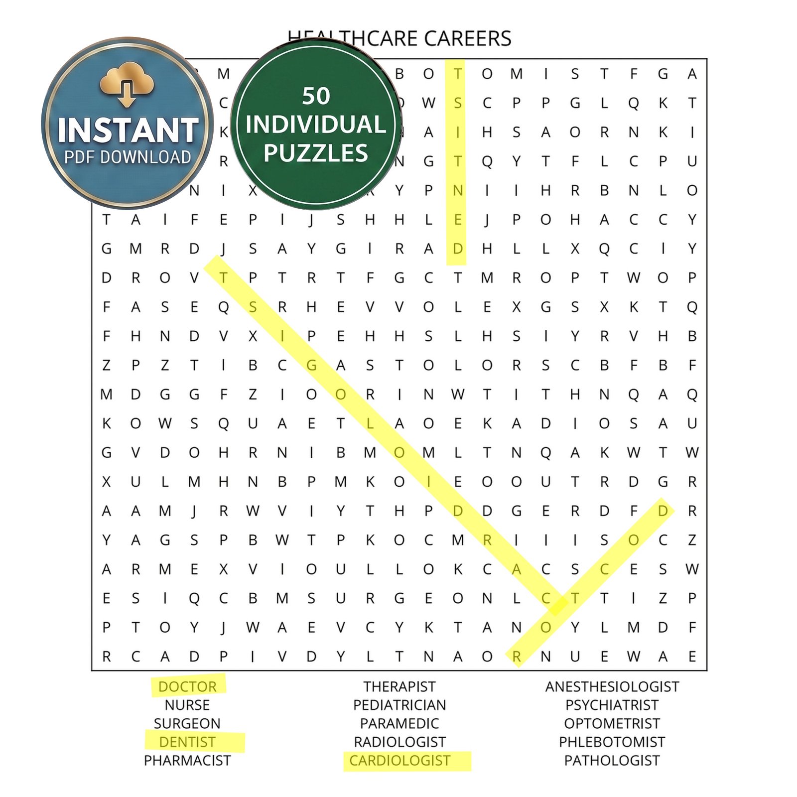 A healthcare careers word search book puzzle titled Healthcare Careers.