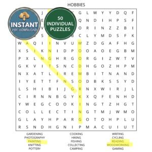 A hobbies word search book puzzle titled Hobbies.