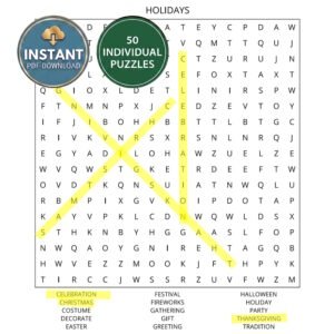 A holidays word search book puzzle titled Holidays.
