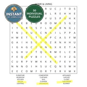 A home and living word search book puzzle titled Home & Living.