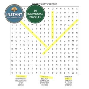 A hospitality careers word search book puzzle with the title Hospitality Careers.