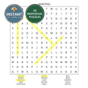 An investing word search book titled Investing.