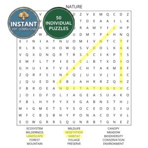 A nature word search book puzzle titled Nature.