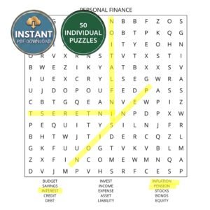 A personal finance word search book puzzle titled Personal Finance.