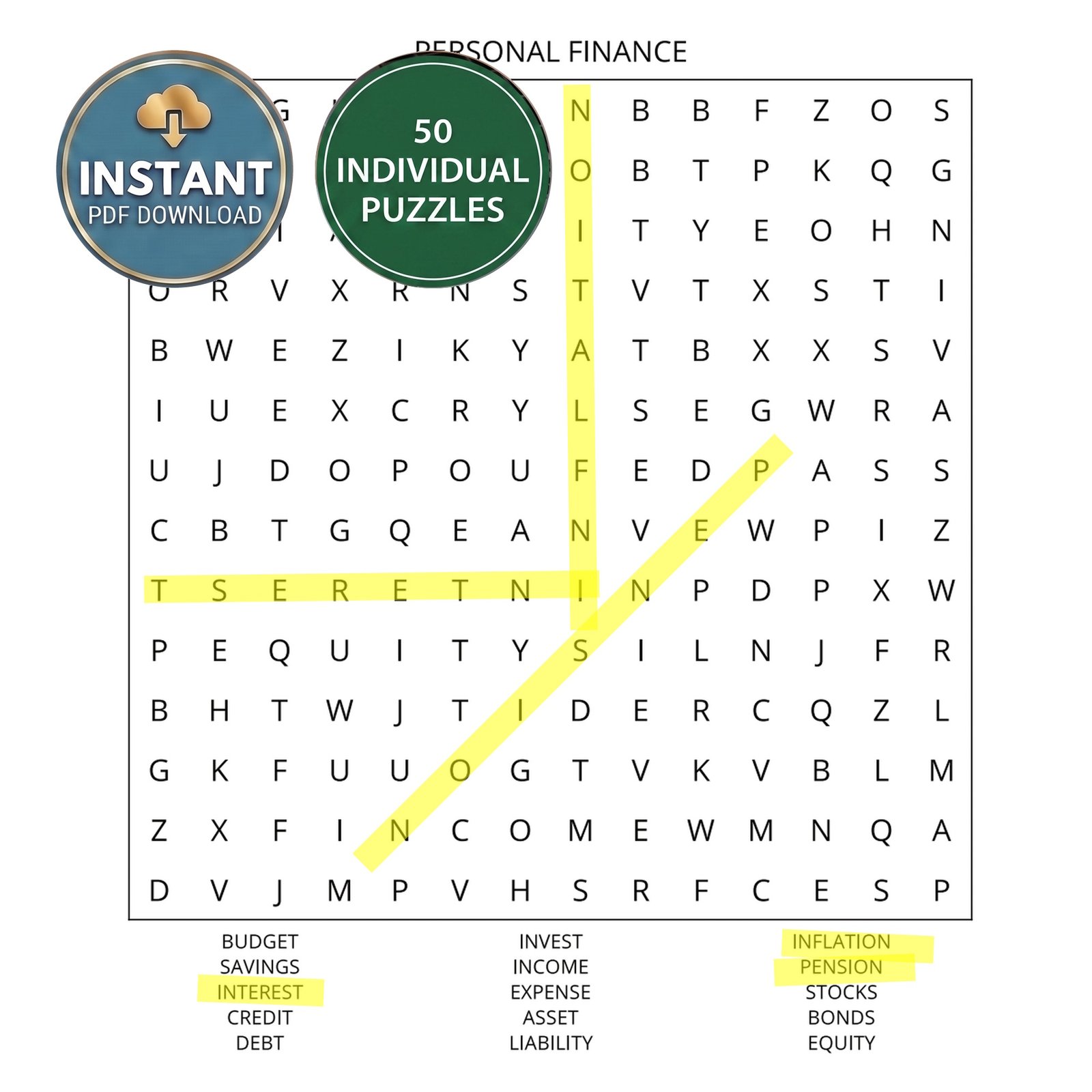 A personal finance word search book puzzle titled Personal Finance.