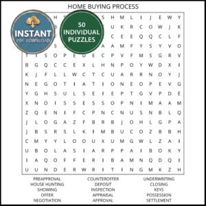 A puzzle from a real estate word search book titled Home Buying Process.