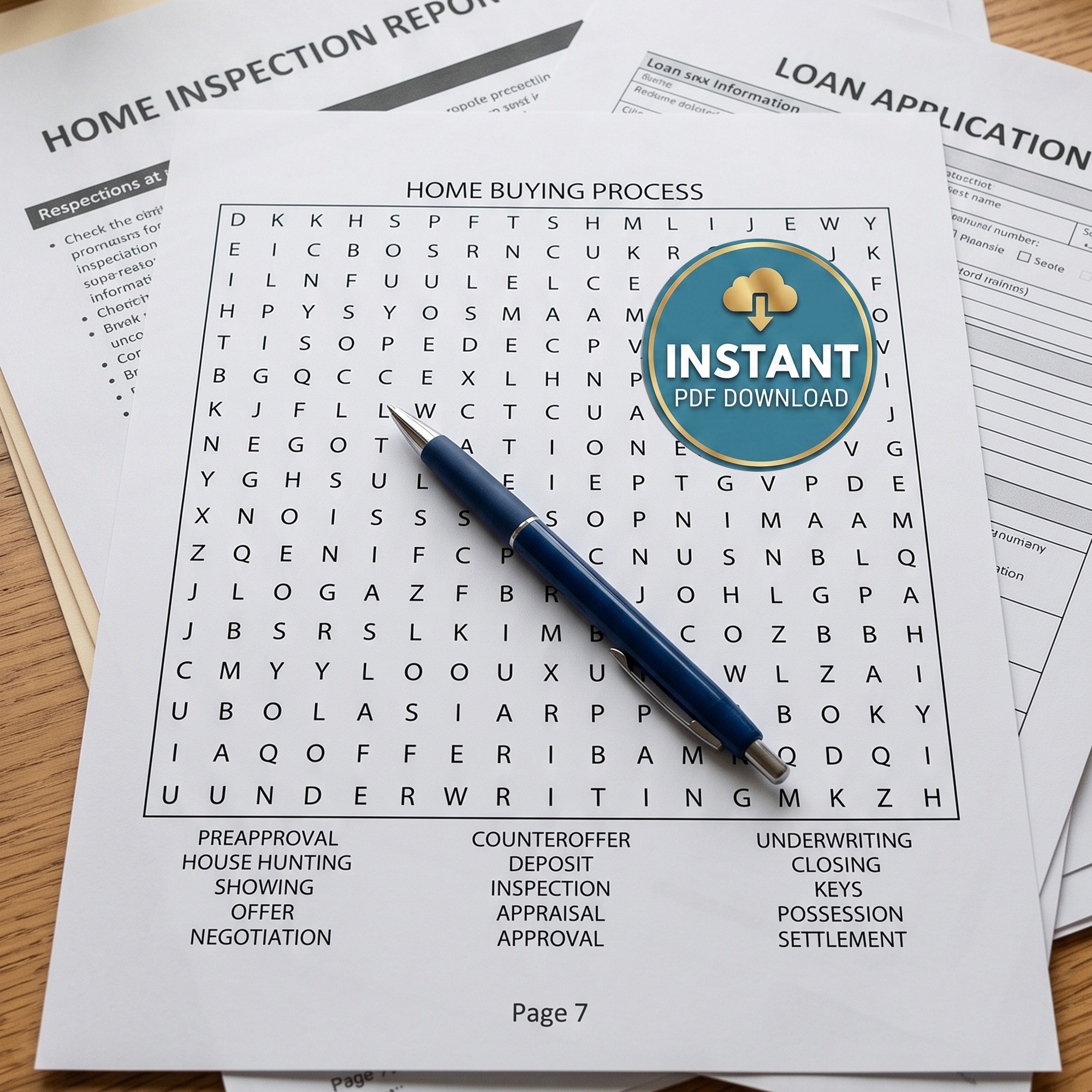 A real estate word search book puzzle titled Home Buying Process.