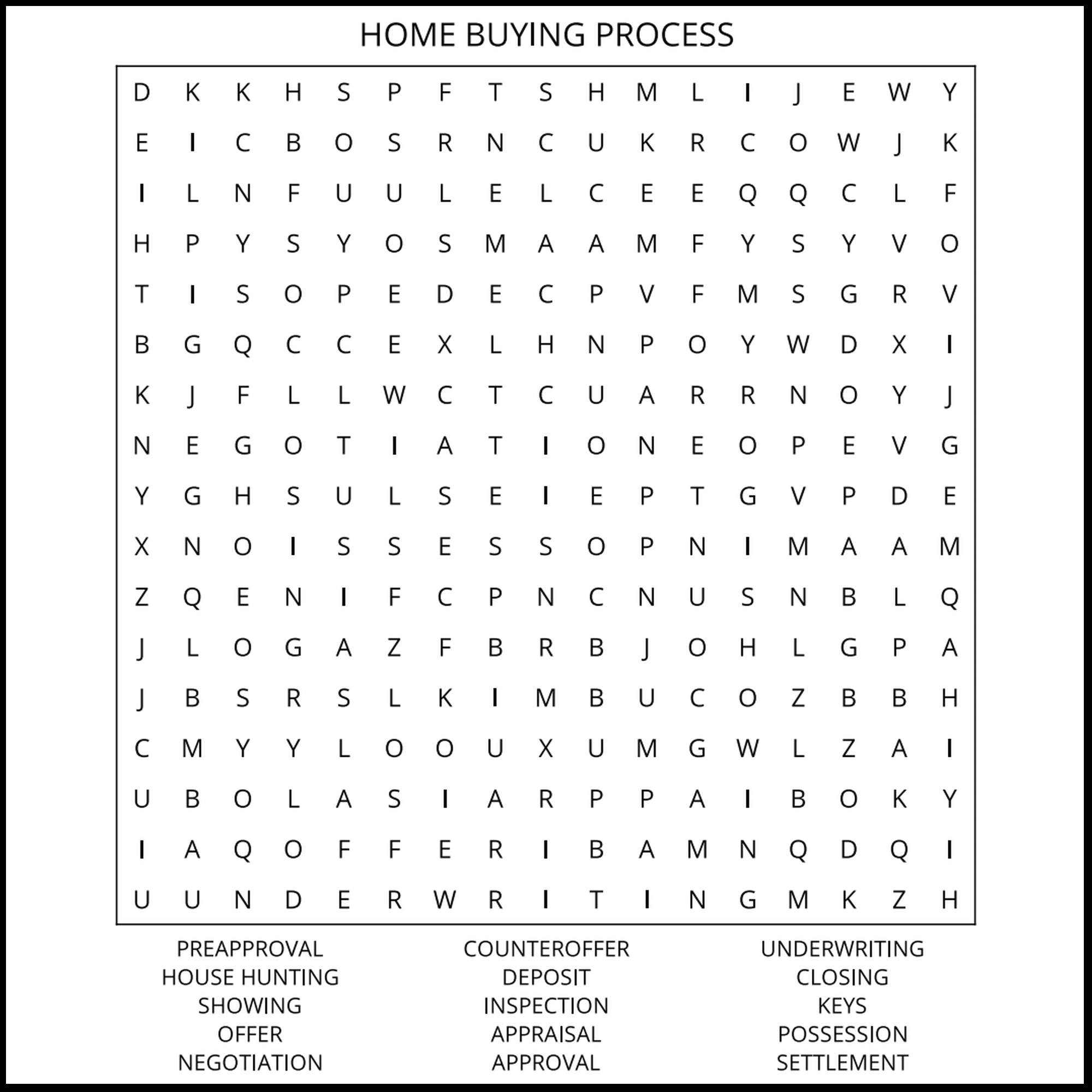 A real estate word search book puzzle titled Home Buying Process.