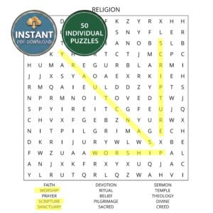 A religion word search book puzzle titled Religion.