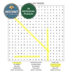 A skilled trade careers word search book puzzle titled Skilled Trades.