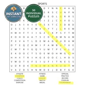 A sports word search book puzzle titled Sports.