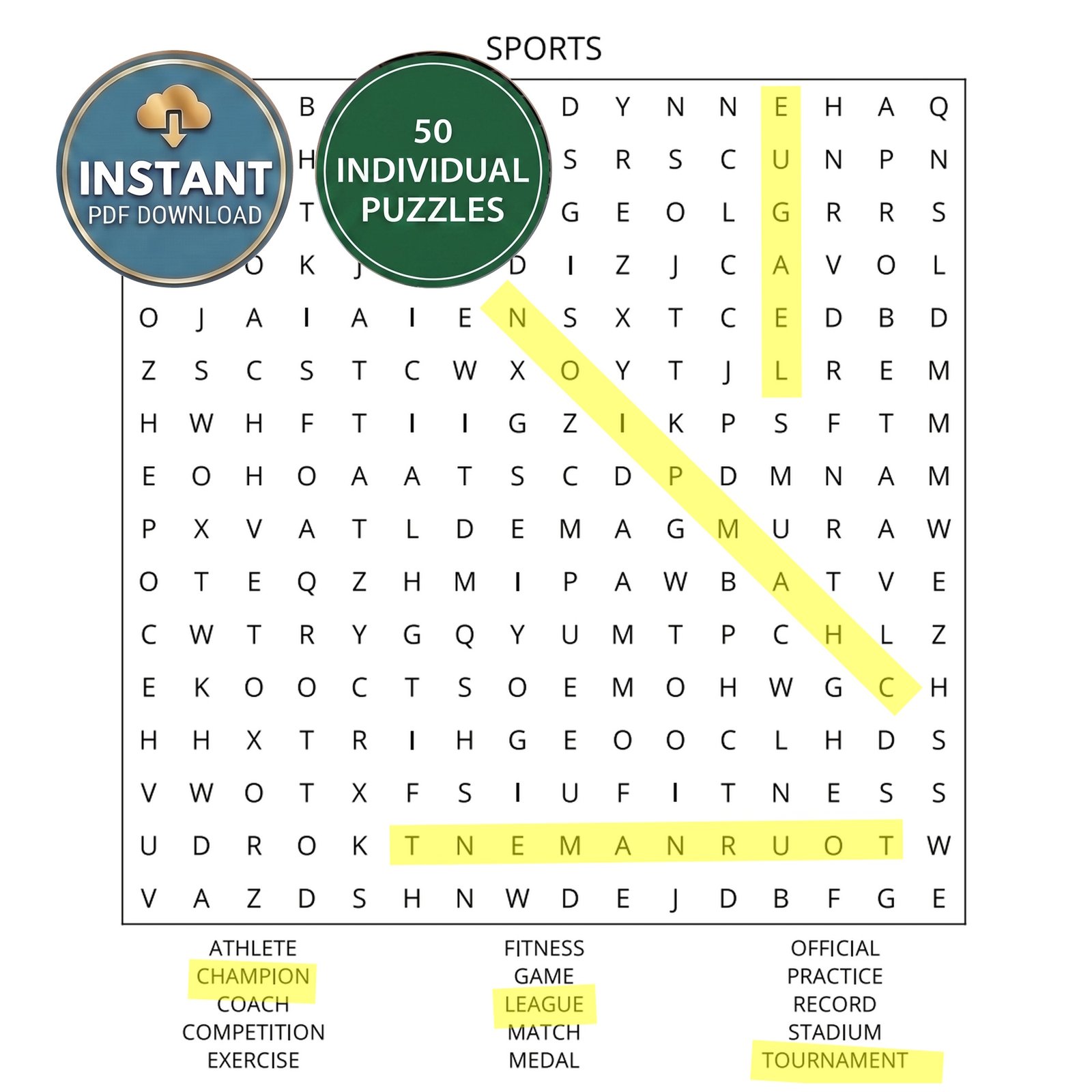 A sports word search book puzzle titled Sports.