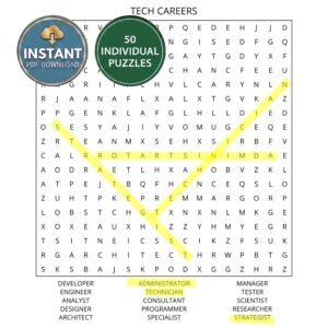 A tech careers word search book puzzle titled Tech Careers.