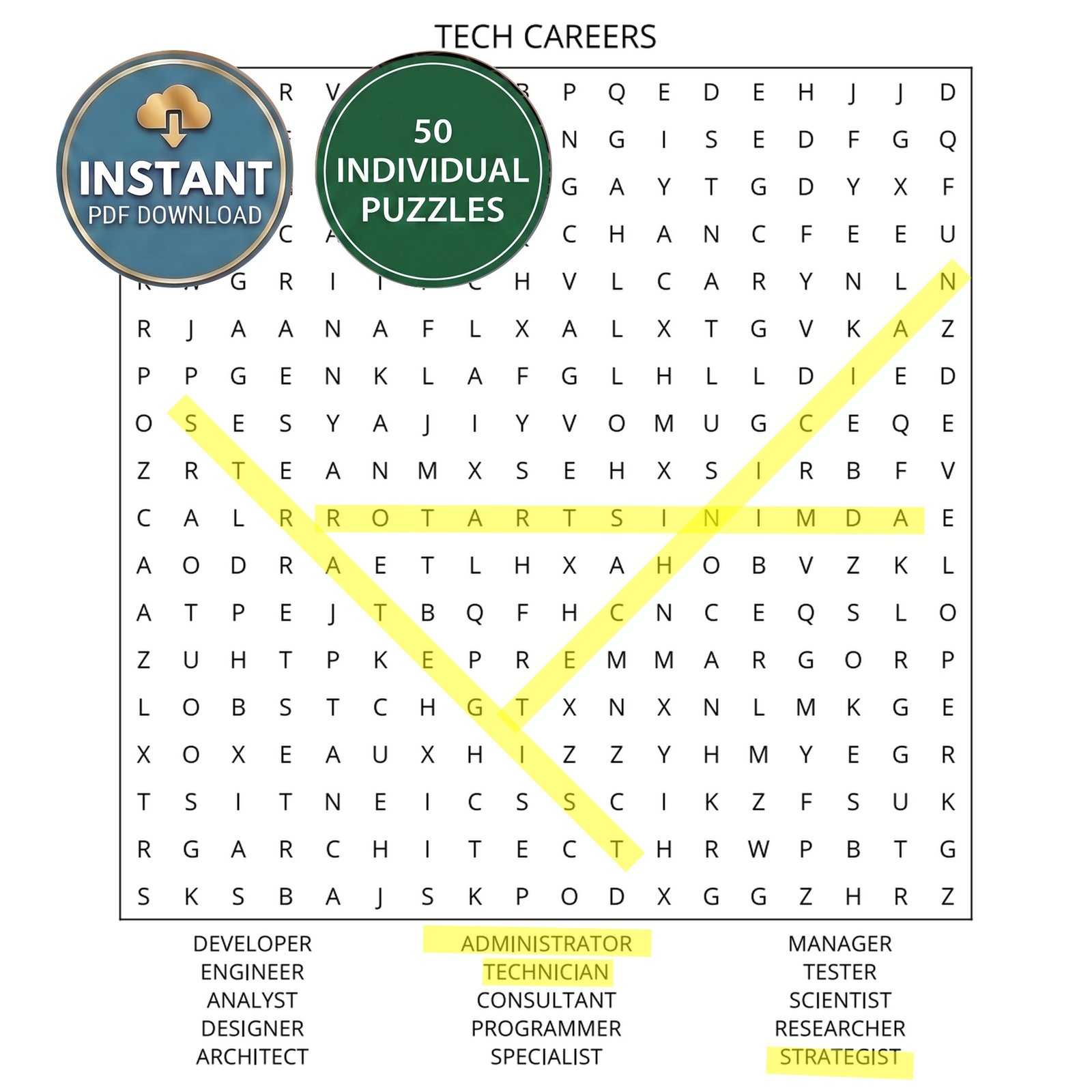 A tech careers word search book puzzle titled Tech Careers.
