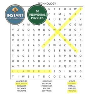 A technology word search book puzzle titled Technology.