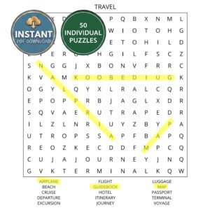 A travel word search book puzzle titled Travel.