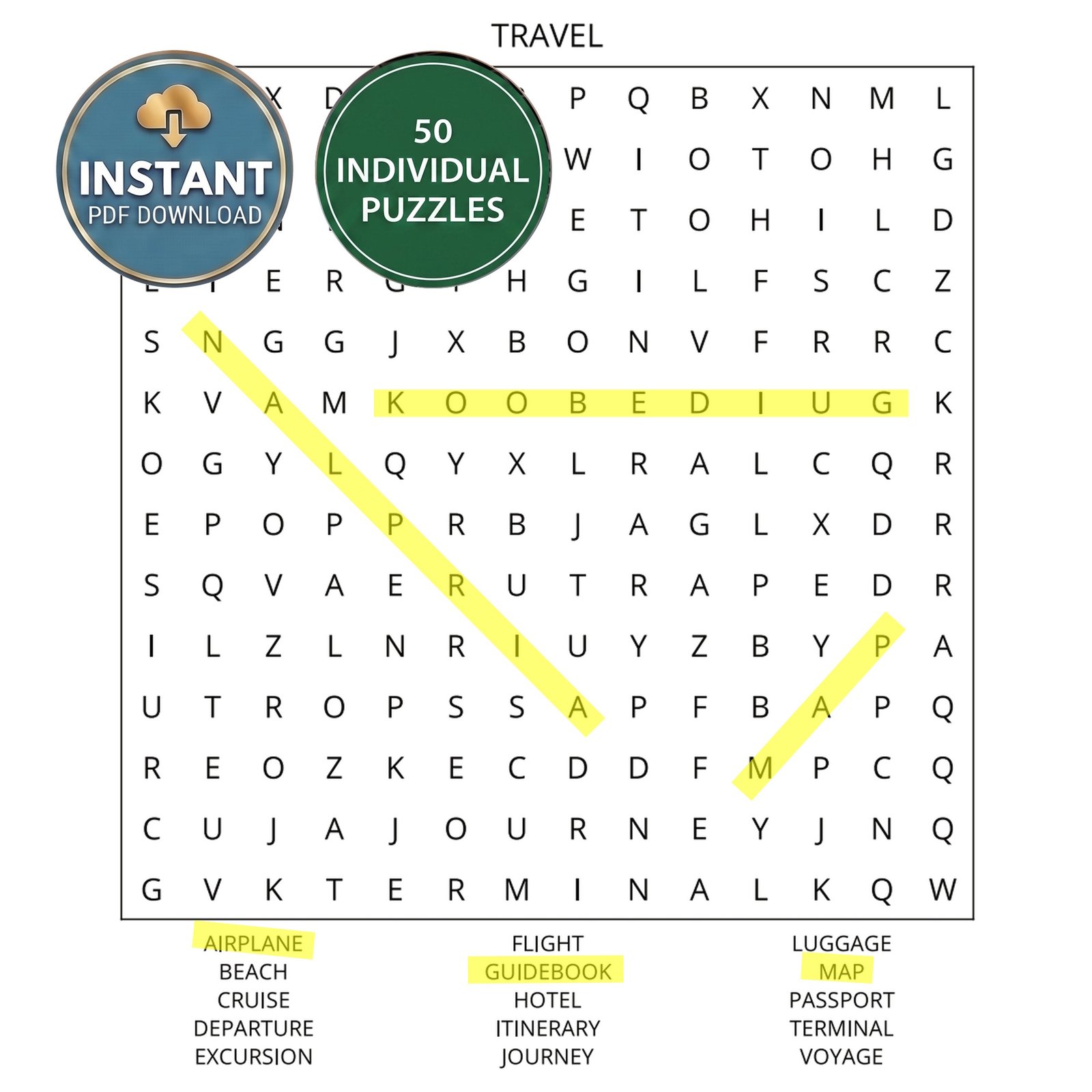 A travel word search book puzzle titled Travel.